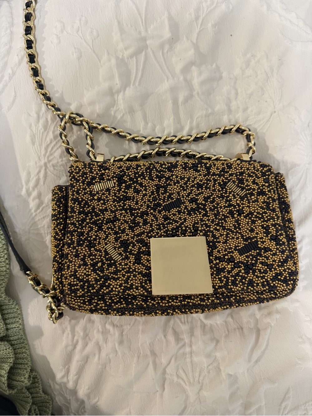 Gold and Black Beaded Crossbody Bag with Chain Strap